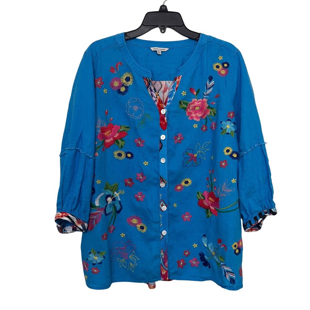John Mark Linen Blouse XL Blue Embroidered Floral Boho Cottagecore Prairie Artsy